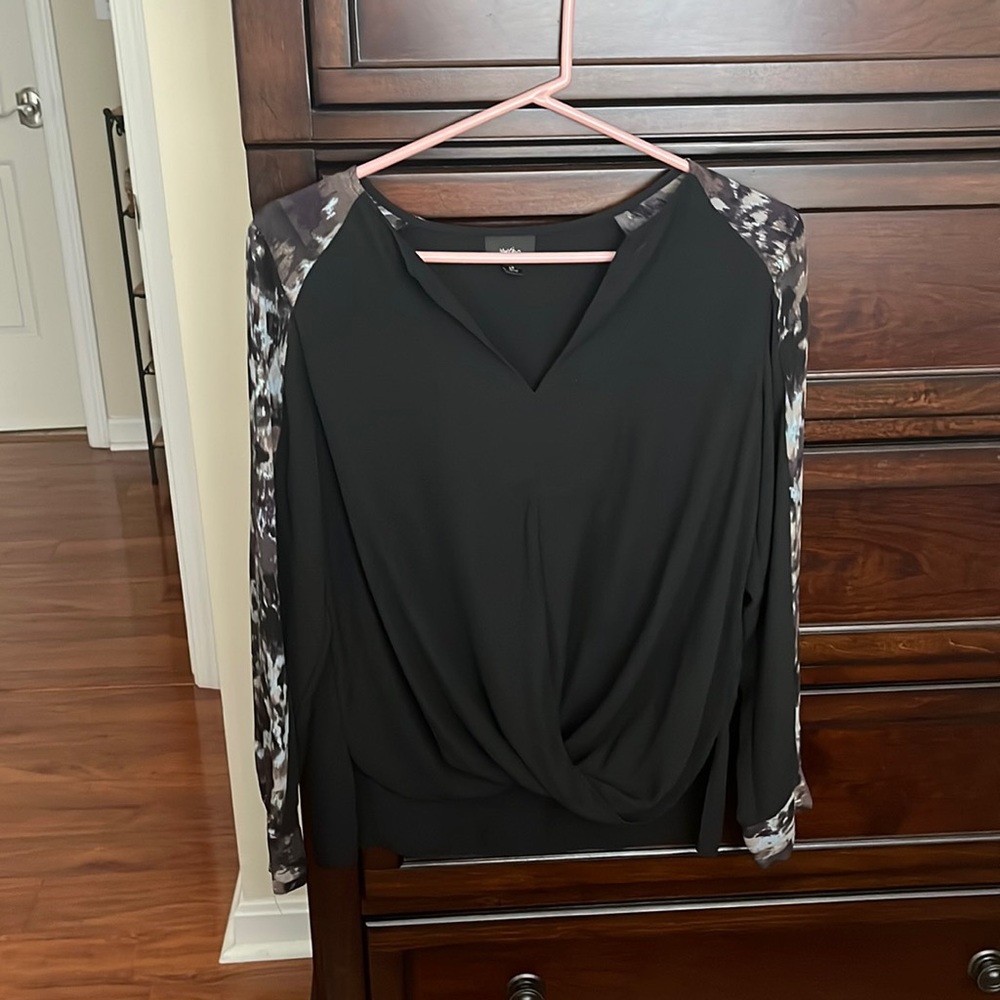 Black purple-floral print long sleeve blouse